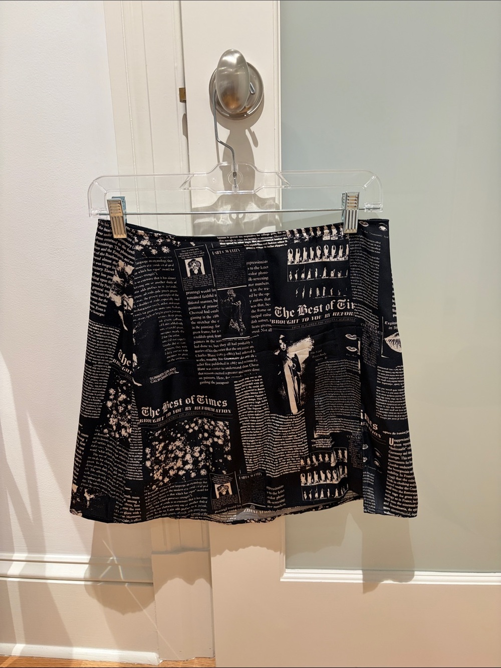 Reformation Black & Ivory Newspaper Print Mini Skirt